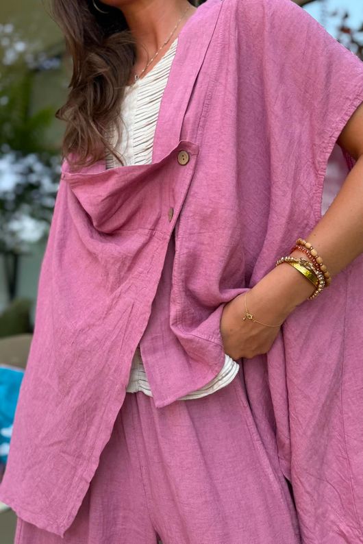 Sandbar Linen Blend Drape Front Cap Sleeve Gilet Indian Pink